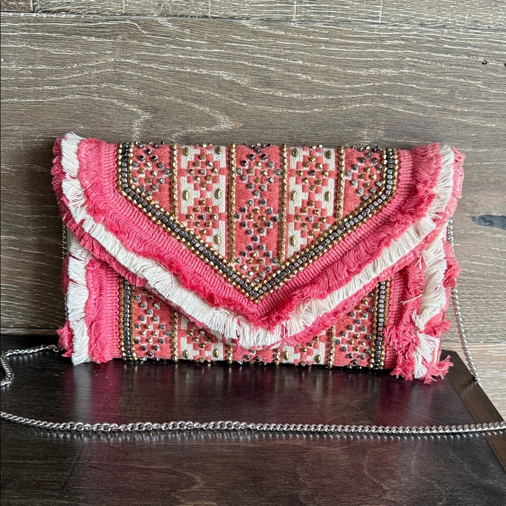 Pink Embroidered Fringe Envelope Clutch with Chain